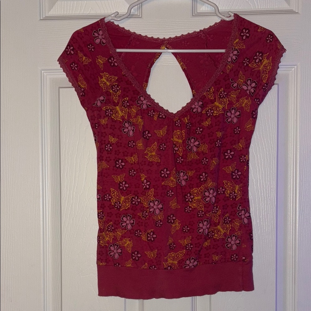 Self Esteem y2k pink Cap Sleeve Blouse with Floral Cut Out